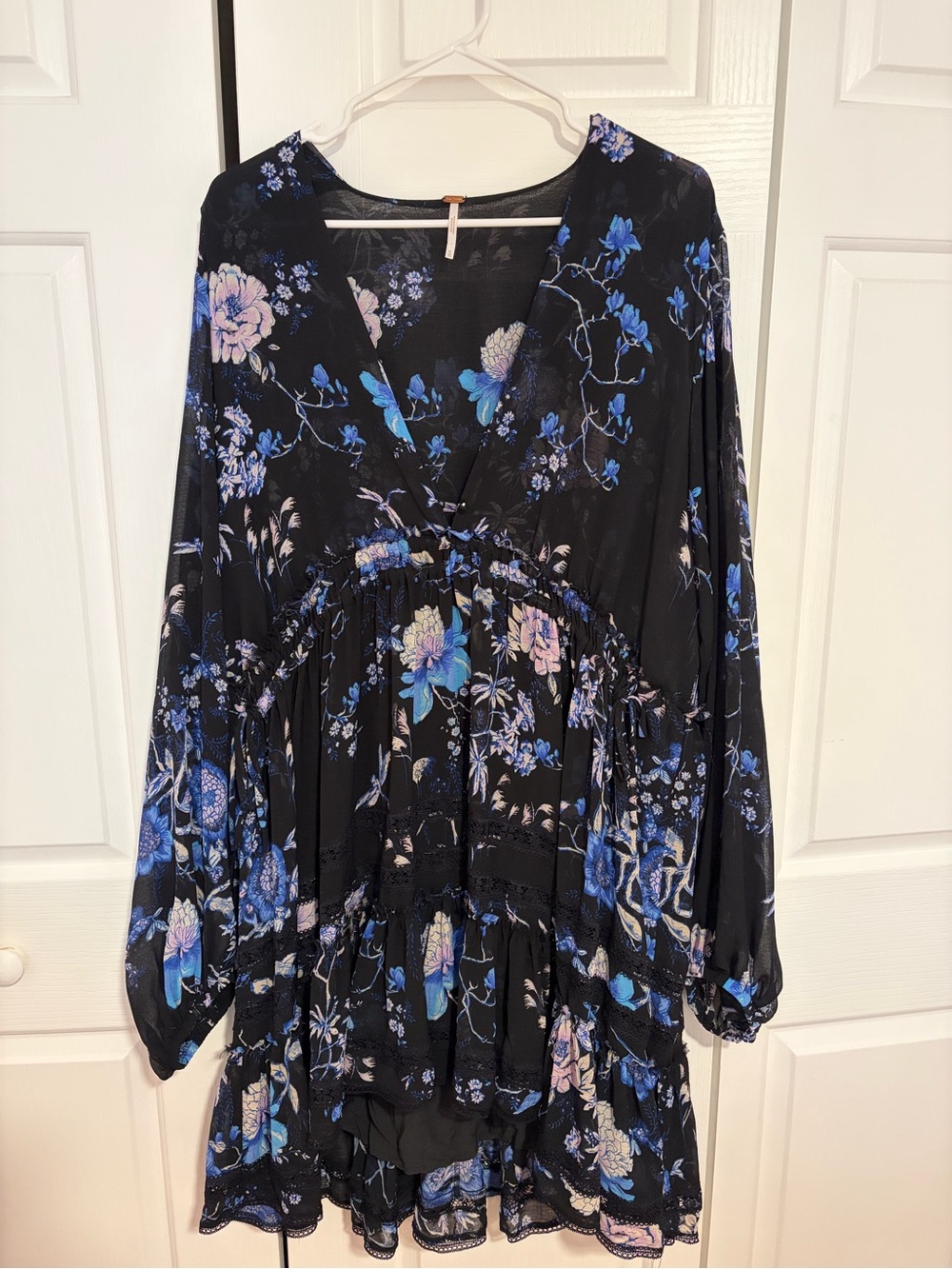 Free People Black Floral Boho Mini Dress with Blue and Pink Flowers